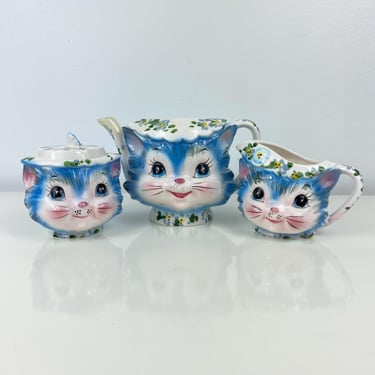 Vintage Ceramic Big Eye Kitty Cat Miss Priss Lefton Tea Set Japan Kitschy, Anthropomorphic Mrs Priss Lefton Collectible, Vintage Lefton Cats 