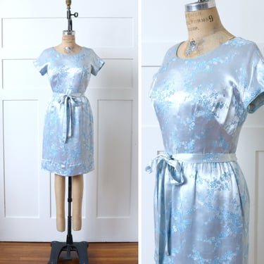 vintage 1960s icicle blue silk dress • satin brocade tailored pencil skirt party dress • Mayfield Mall 'The Mandarin Shop' 