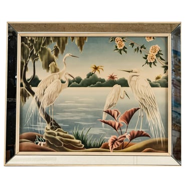 1940 Tropical Crane /Egret Scenic Print, Mirror Framed by