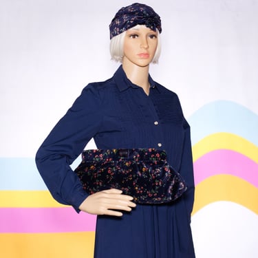 Vintage Dark Blue Floral Velvet Clutch and Hat Set 