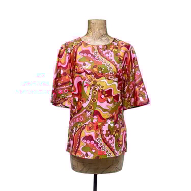 Vintage 1960s Colorful Psychedelic Cotton Sateen Top, 60s Flower Power Print Back Button Blouse, Medium, 38