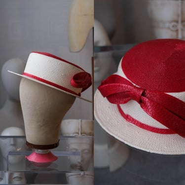 Vintage 70s FRANK OLIVE Natural Straw Colorblock Short Brim Sun Hat w/ Red Crown & Bow | 1970s Designer Opening Day Pork Pie Straw Fedora 