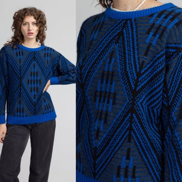 80s Blue Geometric Sweater - Large | Vintage Retro Knit Pullover 