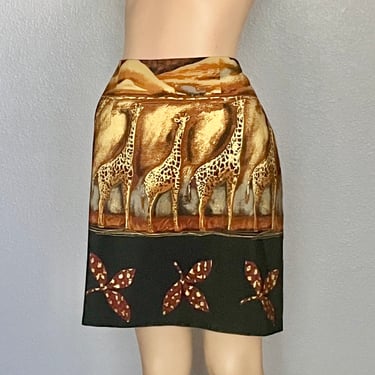 Jungle Print Skirt, Giraffes, High Waist, Back Zipper, Vintage 90s 
