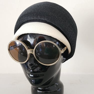 60s Mod Hat in Black & White Straw Domed Cloche by Doree of New York 