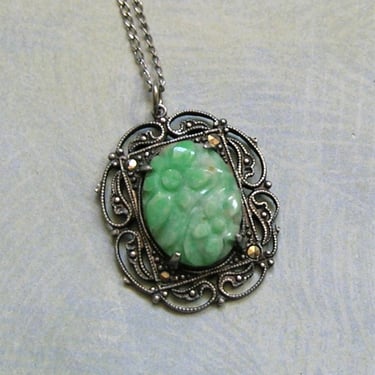 Antique Art Deco Sterling Marcasite and Jade Necklace, Antique 1930's Necklace, Old Sterling Marcasite Necklace (#4003) 