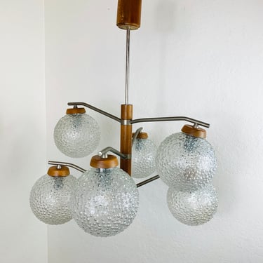 Stunning Atomic Teak Ceiling Pendant Lamp featuring 6 large glass Orbs by Temde space age 