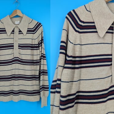 Vintage Sixties Men's Thane Acrylic Striped Pull Over Half Button Collared Sweater - Men's 60s Large Sweater 