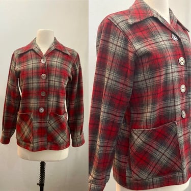 Vintage 50's WOOL PLAID 49er JACKET Coat / Red + Gray Shadow Plaid / Abalone Cat Eye Buttons / Spread Collar + Patch Pockets 