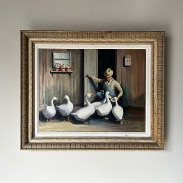 Vintage Batcheldos Farm Scene of a Man With Ducks Oil Painting, Framed 
