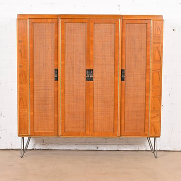 Mastercraft Mid-Century Modern Walnut and Cane Bookcase Cabinet, 1960s