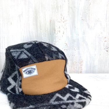 Dark Gray and White Geometric Pattern Handmade Wool 5 Panel Camp Hat,Mountain Design Baseball Cap, Moldable Brim with Blue Plastic Snap Back 