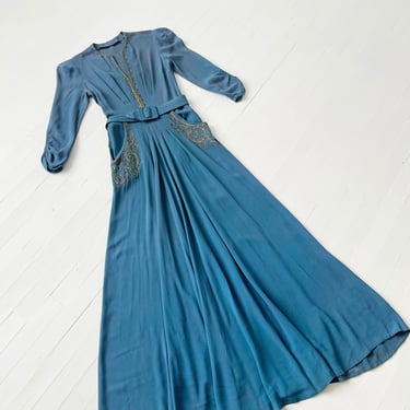 1930s Embellished Blue Rayon Crepe Belted Dress 