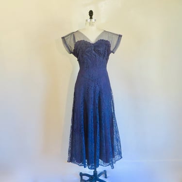 1950's Navy Blue Lace Illusion Fit and Flare Party Dress Full Skirt Formal Cocktail Rockabilly 32" Waist Size Medium 