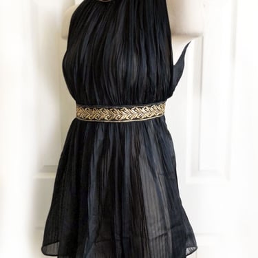 Vintage GRECIAN style BABYDOLL Nighty Lingerie 1960's Black Nylon Chiffon Pleats Short Slip Mini Dress 