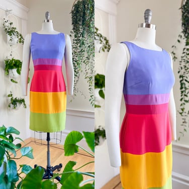 Vintage 1980s Dress | 80s Silk Rainbow Striped Color Block Wiggle Sheath Sundress (small/medium) 
