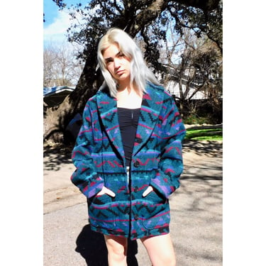 Woolrich Blanket Coat // wool USA made boho hippie jacket dress aztec southwest southwestern oversize 70s 80s blue // O/S 