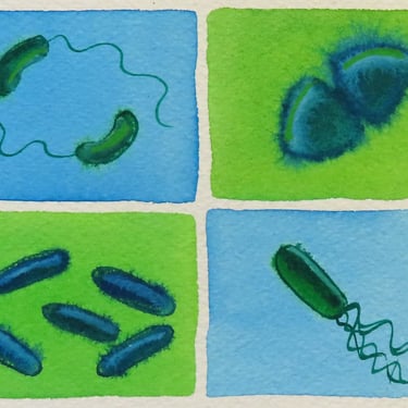 Bacteria in Green and Blue - original watercolor painting - microbe art 