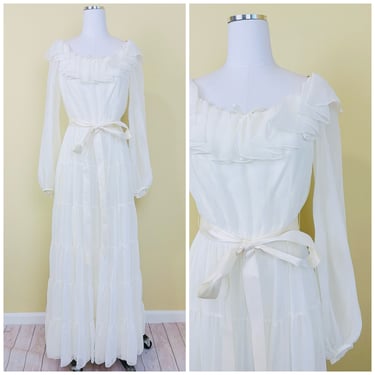 1970s Vintage Lorrie Deb Cream Nylon Tiered Peasant Dress / 70s Ruffled Romantic Maxi Prairie Dress / Size Small - Medium 