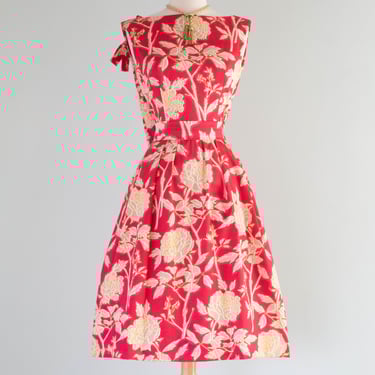 Rare Early 1960's Christian Dior Polished Cotton Peony Print Cocktail Dress / Small