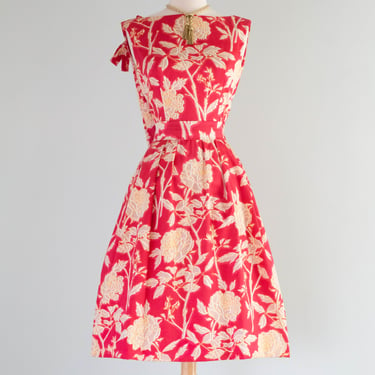 Rare Early 1960's Christian Dior Polished Cotton Peony Print Cocktail Dress / Small