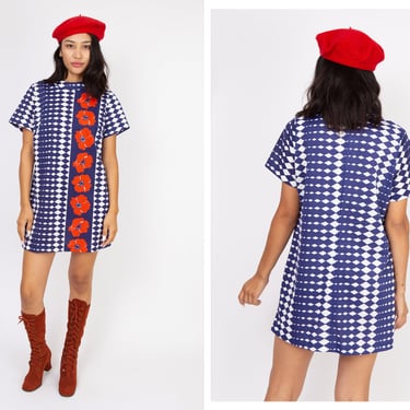 Vintage 1960s 60s Red Poppy Abstract Navy Checker Print Mod Shift Style Mini Dress w/ Short Sleeves 