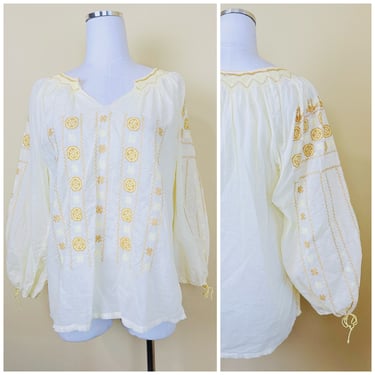1970s Vintage Pale Yellow All Cotton Embroidered Peasant Blouse /  70s / Pastel Cross Stitch Folk Shirt / Medium 