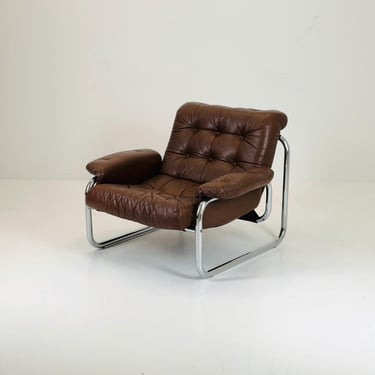 Mid century Tiblar frame brown leather armchair 