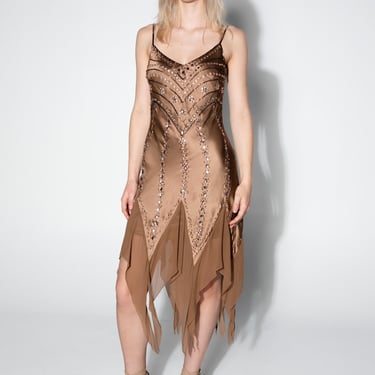 Brown Silk Beaded Cocktail Dress