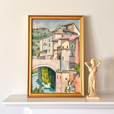 Vintage French Oil Painting Original Signed Provence Village Landscape 