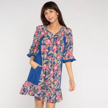 Tropical Mini Dress 80s Blue Hawaiian Floral Print Pocket Dress Tiered Ruffle Flounce Button Up Vintage Botanical 1980s Tori Richard Small S 