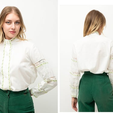 Vintage 1960s 60s White Lace Insert Button Up Hippy Bohemian Blouse w/ Floral Embroidery 