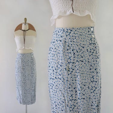 botanical wrap skirt - 26 - vintage 90s y2k blue size 4 small womens midi skirt rayon cute cottage cottagecore 