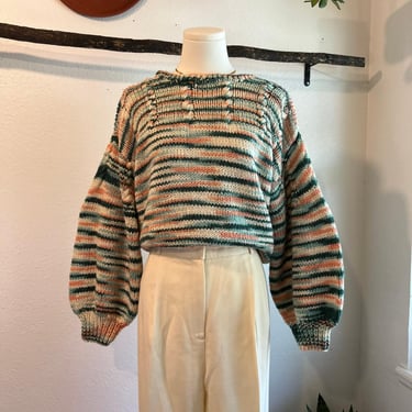 Handmade Green Multi Colored Pullover Balloon Sleeve Knit Sweater Size Small 