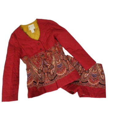 1970's Maroon Red Paisley Print Quilted Jacket Shorts 2 Pc Set I Sz XS I Ceci 