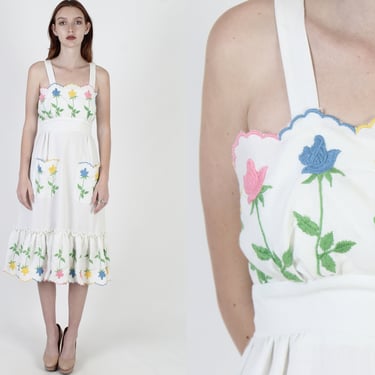 Vintage 50s Floral Embroidered Sun Dress / Waffle Cotton Garden Dress / Womens Day Lawn Party Mini Dress 