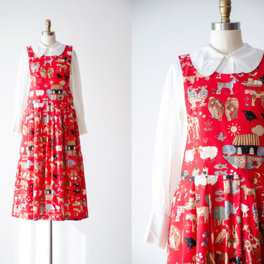 cute cottagecore dress | 80s 90s vintage Noah's Ark animal novelty print red sleeveless pinafore dress 