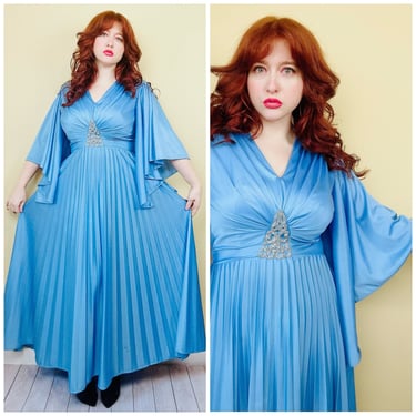 1980s Vintage Sylvia Ann Blue Polyester Angel Sleeve Dress / 80s Pleated Skirt Beaded Disco Gown / Size Large 