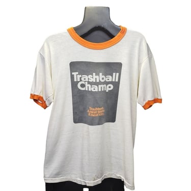 1970s VINTAGE Trashball Champ Ringer Tee, Baltimore Stop Littering, Thrashed Graphic Print T-Shirt, Single Stitch, Vintage 70s Clothing 