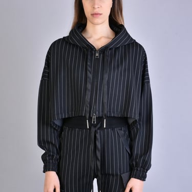 Asymmetric Cropped Hooded Pinstripe Jacket