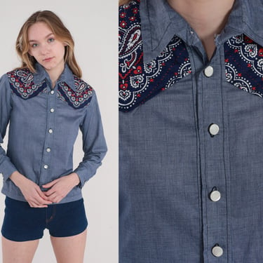 70s Western Shirt Blue Chambray Button Up Shirt Bandana Print Long Sleeve Collared Top Seventies Rodeo Cowboy White Red Vintage 1970s XS 