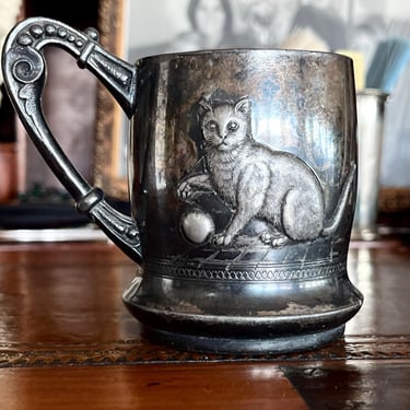 Antique Silver Baby Cup with Cat 