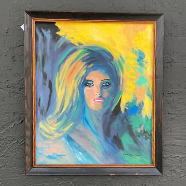 Blue and Yellow 1960s Lady Painting