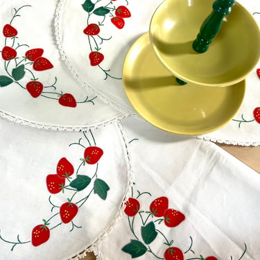 Vintage Madeira Style Embroidered Strawberry Placemats, Set of 4 