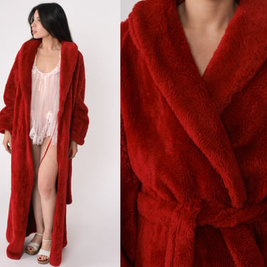 Red Fleece Robe 80s Dressing Gown Teddy Fleece Pajama Robe Maxi Wrap Robe Lounge Wear Long Belted Loungewear Medium 