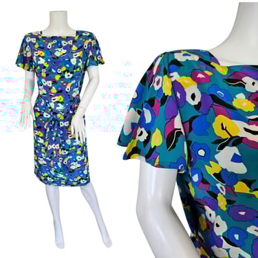 Silk Studio 1980s Turquoise Blue Floral Print Silk Belted Shift Dress I Sz Med 