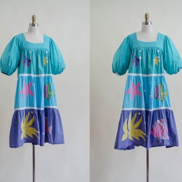Ramona Rull kaftan | 70s vintage blue tiered cotton fish ocean novelty print appliqué puff sleeve smock dress 
