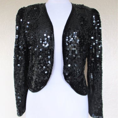 Vintage 80s SKC Black Sequined Beaded Silk Jacket, Medium Women, Party Jacket 