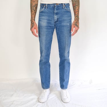 Vintage 70s Wrangler Medium Wash Whiskered Slim Fit Jeans | Made in USA | Size 31x34 | Rockabilly, Western | 1970s Wrangler Slim Denim Pants 