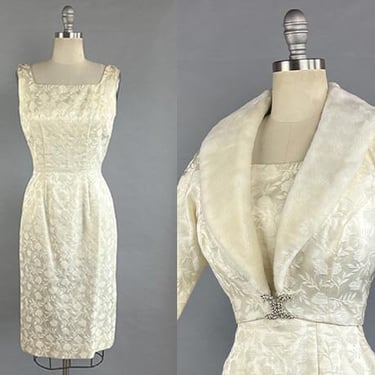 1950s White Dress /50s Cocktail Dress / White Brocade Dress w/ Matching Fur-Trimmed Jacket / Short Wedding Dress / Size Medium Size Large 